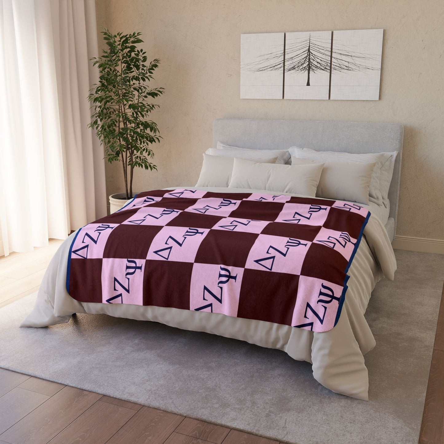 Delta Zeta Sherpa Blanket – Pink & Maroon Checkerboard Sorority Throw