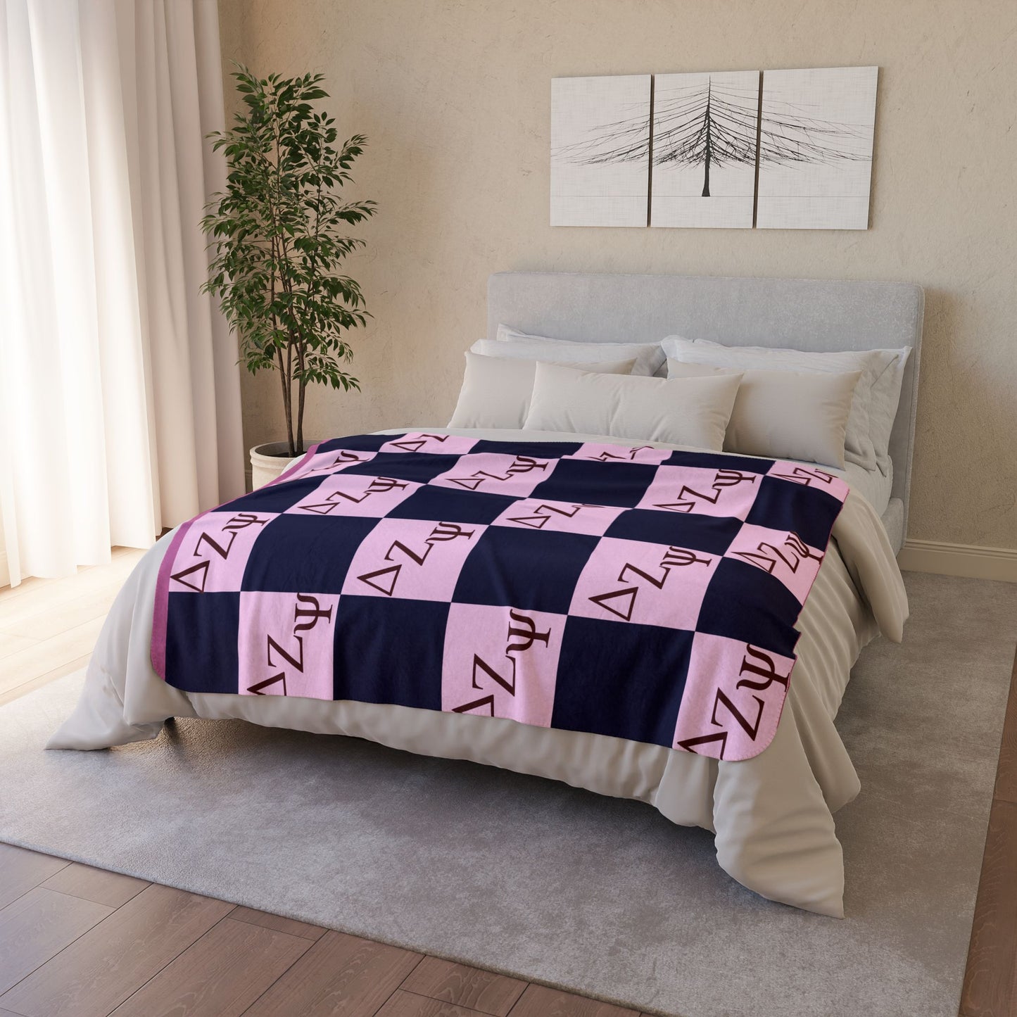 Delta Zeta Psi Sherpa Blanket - Pink & Navy Checkered Sorority Throw