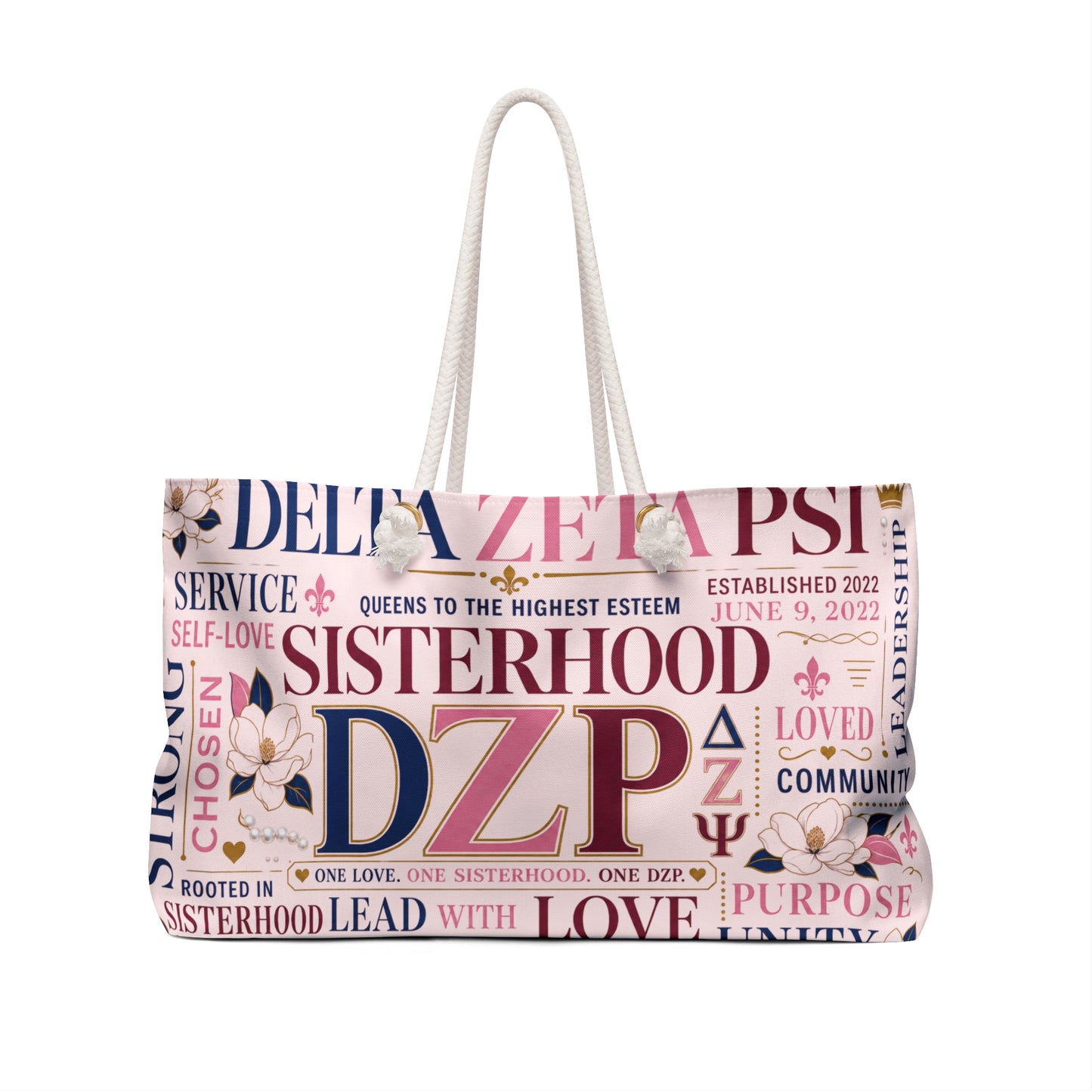 Delta Zeta Psi Sisterhood Weekender Bag – DZP Floral Typography Travel Tote