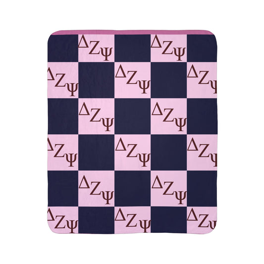 Delta Zeta Psi Sherpa Blanket - Pink & Navy Checkered Sorority Throw